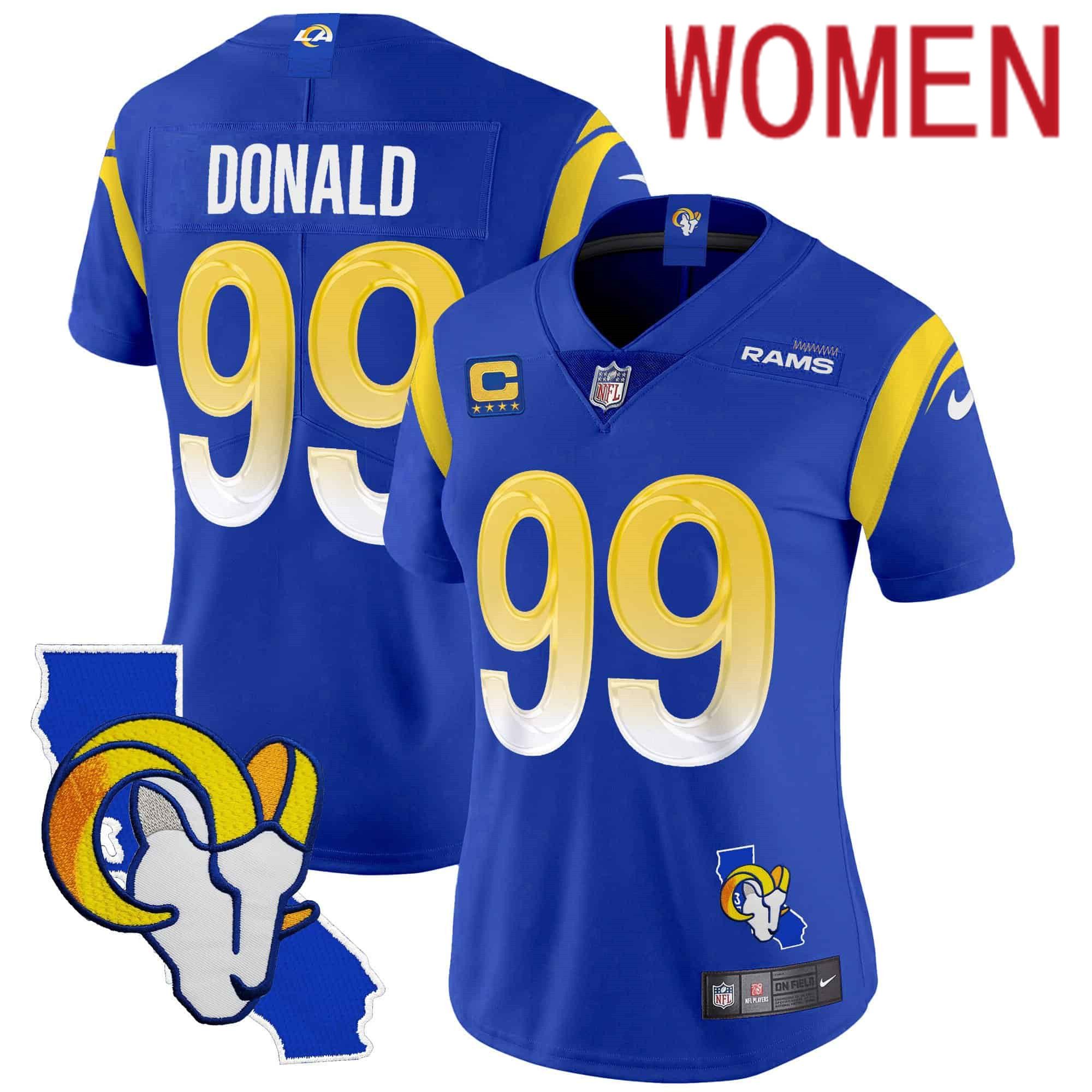 Women Los Angeles Rams #99 Donald Blue 2024 Nike California Patch Vapor Limited NFL Jersey style 1->women nfl jersey->Women Jersey